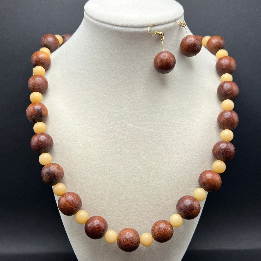 Vintage Beaded Necklace Earrings Set Brown Wood Cream Seeds 24"